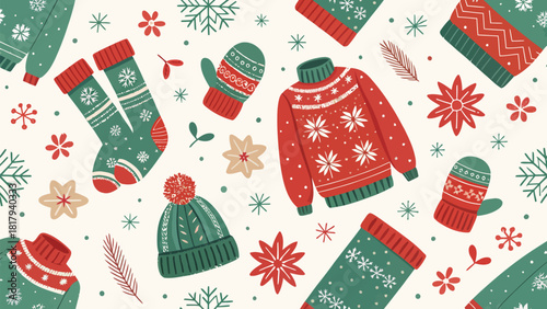 Delightful holiday pattern with cozy sweaters, mittens, hats, socks and snowflakes for festive designs and winter celebrations, originally a scalable vector graphic