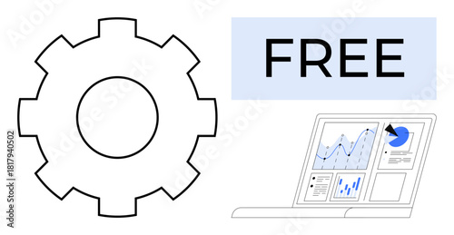 Gear icon, Free text, and a laptop with charts and graphs representing data analysis, efficiency, and optimization. Ideal for technology, business, data analytics, marketing automation