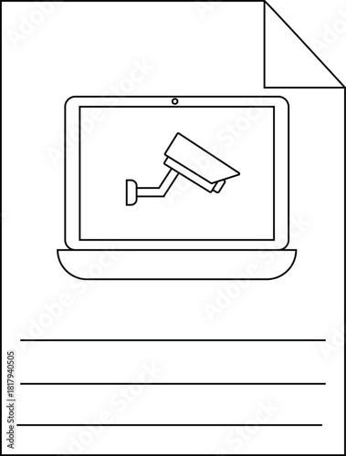 Paper with a laptop displaying a surveillance camera and lines for notes