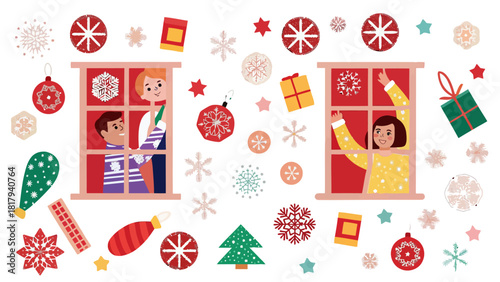 Joyful children looking out windows amidst holiday decorations, embracing the Christmas spirit with festive cheer and anticipation for winter celebrations