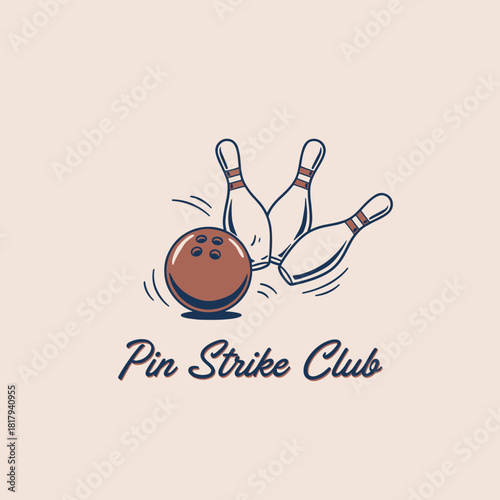 Retro Bowling Strike Emblem.Vintage Pin Strike Club Logo.Bowling Ball Hitting Pins.Classic Sport Vector Badge.Hand Drawn Alley Illustration