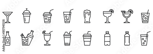 Refreshing drink icons for summer promotions and menu designs, perfect for bars, restaurants, and beverage companies looking to create eye-catching ads and social media content