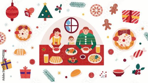 Heartwarming holiday scene of family sharing festive dinner, evokes togetherness and joy, perfect for seasonal greetings and invitations, scalable vector