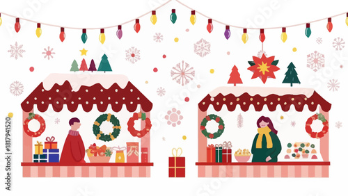 Festive winter holiday market scene with gifts, wreaths, and cheerful vendors, perfect for Christmas promotions and seasonal campaigns, originally vector