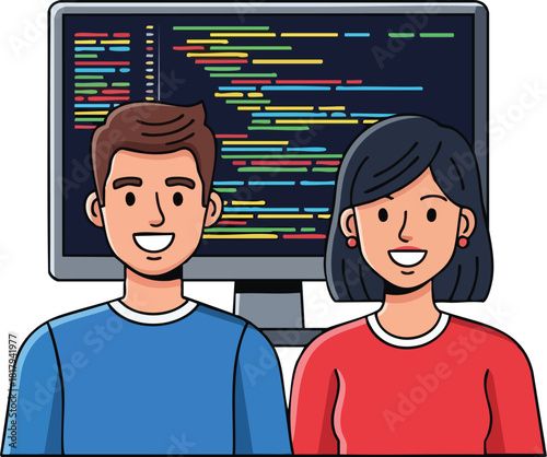 Cartoon illustration of a smiling man and woman standing in front of a computer monitor with colorful code on the screen, against a clean white background with a cheerful mood.