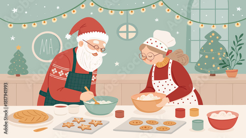 Santa and Mrs Claus baking Christmas cookies together creates a sweet holiday memory, sharing joy and festive traditions this holiday season