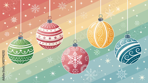 Festive holiday ornaments creating a joyful Christmas mood, perfect for winter season greetings or seasonal promotions, with colorful details