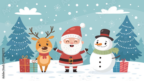 Delightful holiday season with cheerful Santa, reindeer, and snowman in a winter wonderland, spreading joy and festive spirit to all