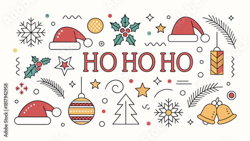 Spread Holiday Cheer with Festive Santa Hats, Sparkling Stars, Jingle Bells, and Wintery Snowflakes for a Joyful Celebration