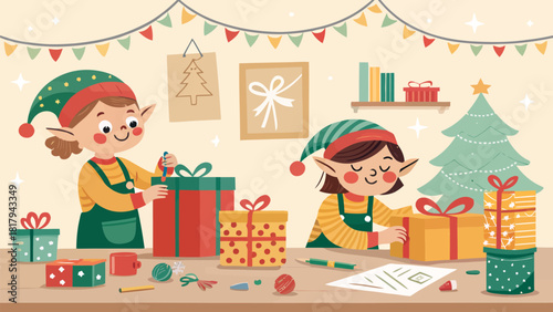 Charming elves wrapping vibrant Christmas gifts, spreading holiday cheer and festive spirit, creating a joyful and heartwarming scene of Christmas magic