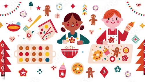 Festive holiday baking scene with children decorating cookies, spreading joy and warmth of the season in this delightful, handcrafted illustration