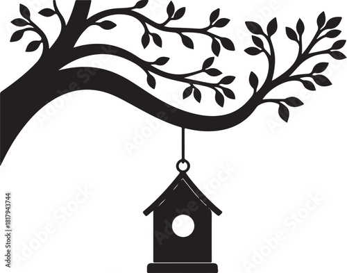 Black silhouette of a birdhouse hanging from a tree branch