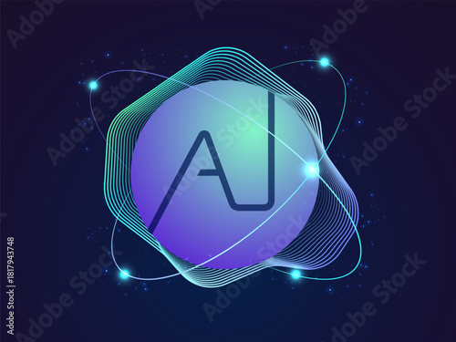Artificial intelligence with Futuristic Letter A in sphere Surrounded network wavy movment lines vector design concept. AI technology for advance technology, automation, data visualization, big data.
