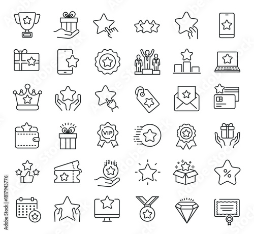 Set of collection line icons related Exclusive Benefit. Editable stroke. Perfect pixel on transparent background