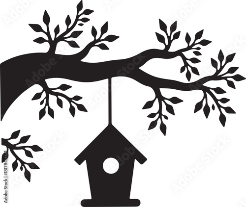 Black silhouette of a birdhouse hanging from a tree branch