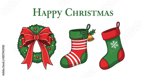 Illustration of a festive Christmas wreath with a red bow and two hanging stockings