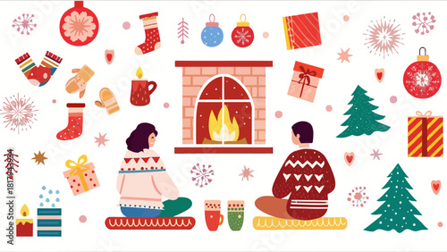 Cozy Christmas Eve by the Fireplace with Loved Ones, Share Festive Cheer with Holiday Gifts, Christmas Trees, and Warm Drinks in Wintertime