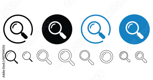 Clean magnifying glass icons in blue and black, vector graphic symbols for website search and exploration features, enhance user experience with these simple and modern designs