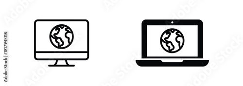 WebConnect globally with this modern desktop and laptop illustration, perfect for showcasing global communication, international business, and worldwide connections in your projects