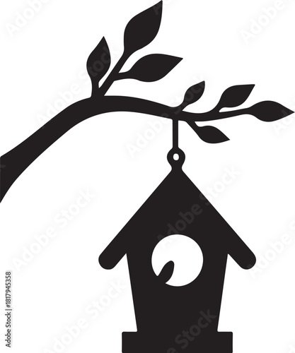 Black silhouette of a birdhouse hanging from a tree branch