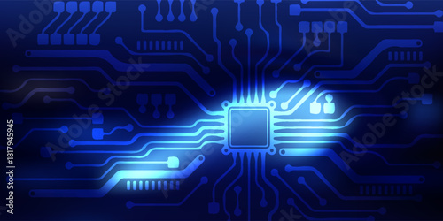 Blue Circuit Board Microchip With Glowing Pathways—Futuristic Digital Technology And Electronics Concept