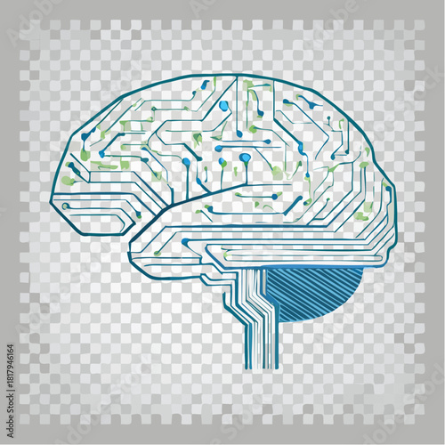 A conceptual art illustration of a human brain design featuring a circuit pattern and globe symbol to represent world intelligence and the technology of the thinking mind