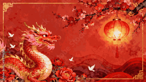 Painted Dragon Legend Dragon and Lanterns Chinese New Year isolated watercolor vector illustration svg