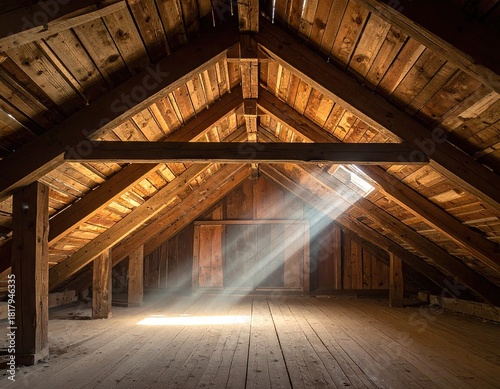 Sunbeams in Rustic Attic with Wooden Beams