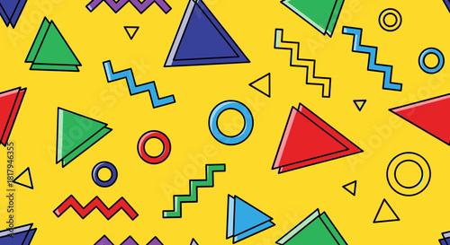Vibrant 90s-inspired pattern with geometric shapes on a yellow background.