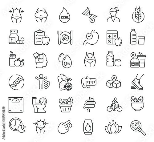 Set of collection line icons related Diet and Fitness. Editable stroke. Perfect pixel on transparent background