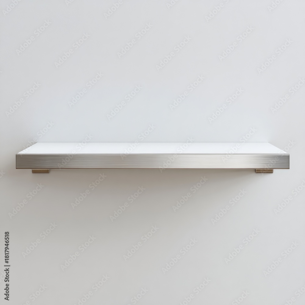 Fototapeta premium Minimalist white shelf with metal bracket against a white wall.