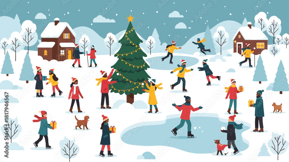 Fototapeta premium Lively winter village scene people enjoying festive outdoor activities and ice skating around a decorated Christmas tree