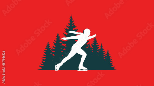 Graceful ice skater silhouette, winter pine trees on red background, a dynamic graphic for seasonal sports