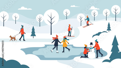 Whisk_2b8c3057e2f4ce3b14c4cb236db2cab0dr.ai" style winter wonderland scene People enjoying diverse outdoor activities like skiing, ice skating, and building snowmen in a picturesque snowy landscape
