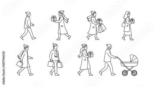 Minimalist line art illustration set of diverse people walking, shopping with gifts, and a baby