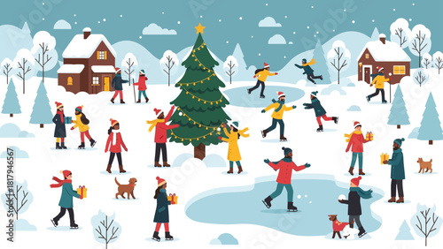 Lively winter village scene people enjoying festive outdoor activities and ice skating around a decorated Christmas tree