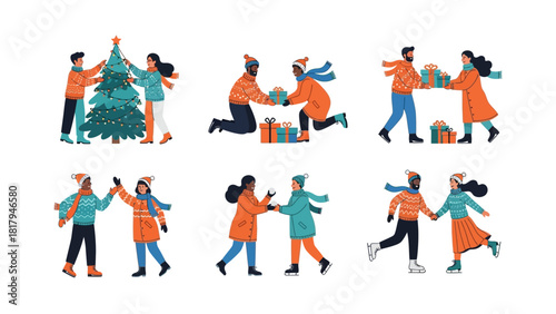 Collection of diverse couples celebrating Christmas winter holidays together vector set