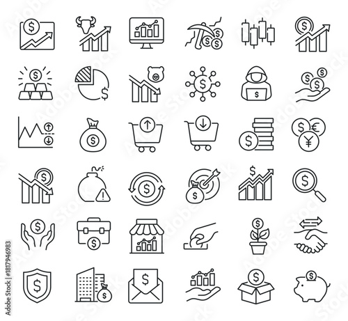 Set of collection line icons related Stock Market. Editable stroke. Perfect pixel on transparent background
