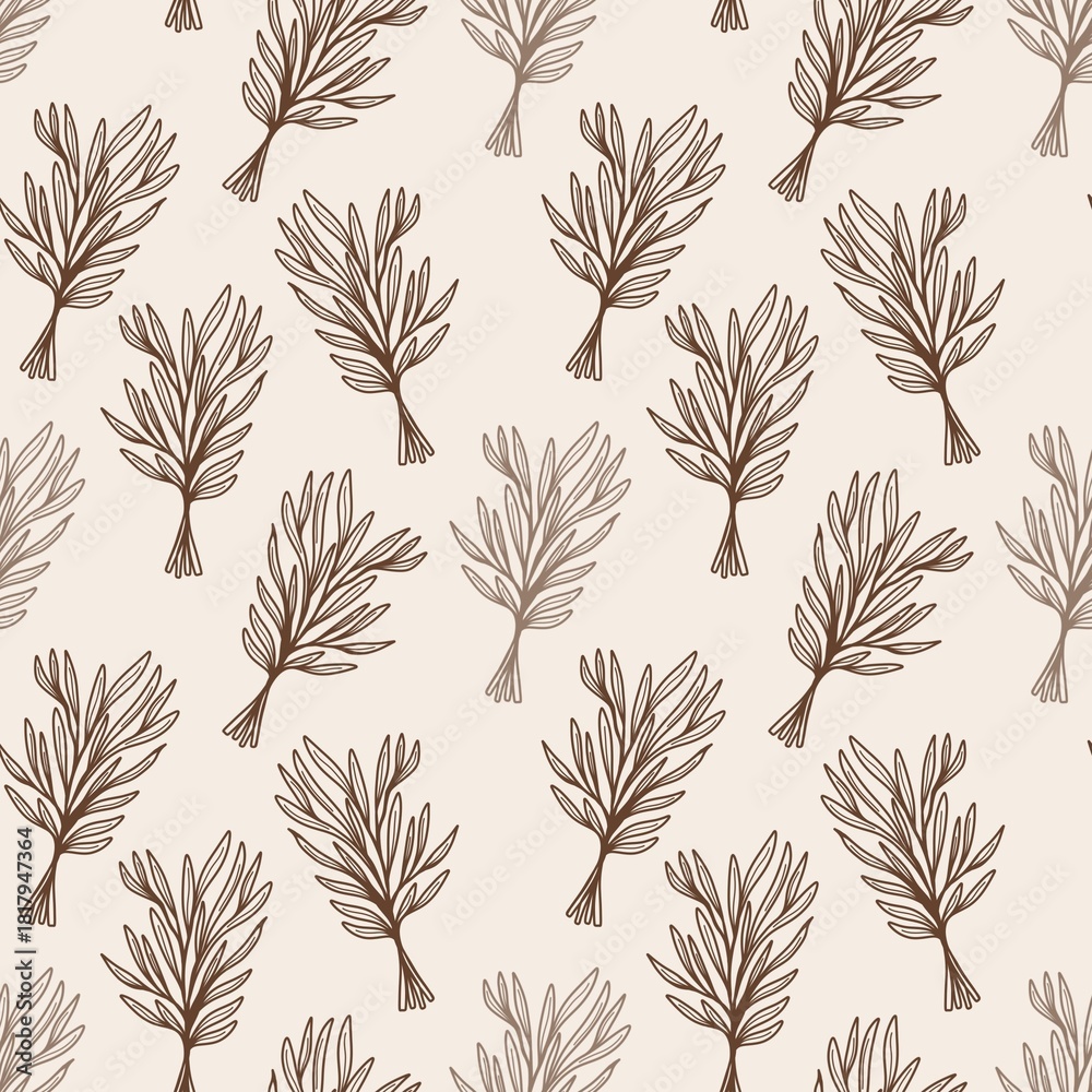 Fototapeta premium Seamless pattern of hand-drawn brown leaves on beige background