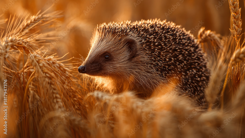 Fototapeta premium A charming hedgehog with spiky fur is nestled amidst golden wheat stalks, basking in the warm glow of the sun, creating a serene and picturesque scene of nature's beauty and tranquility