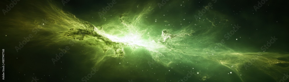 Fototapeta premium Vibrant cosmic nebula filled with green hues and stardust.