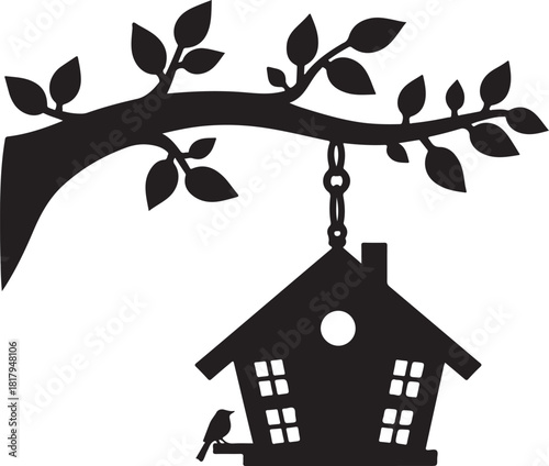 Black silhouette of a birdhouse hanging from a tree branch with a bird