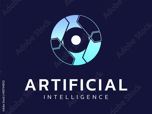 Artificial intelligence with Futuristic Electronic robotic Eye radar security technology Analysis logo vector design concept. AI technology logotype symbol for advance technology, tech company, ui.