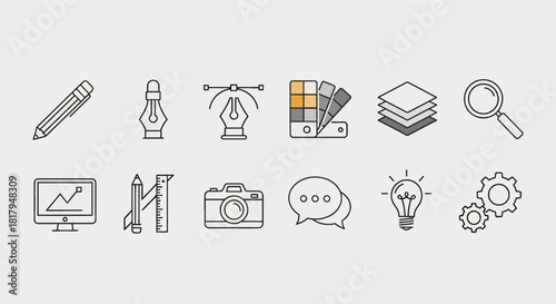 icon, idea, graphic, creative, design, line, tool, drawing, project, bulb, illustration, vector, digital,