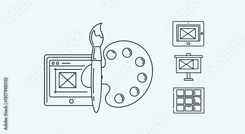 Graphic design line icons. Vector illustration included icon - digital creative tool, paintbrush, palette, prepress, presentation layout outline pictogram for art
