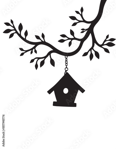 Black silhouette of a birdhouse hanging from a tree branch