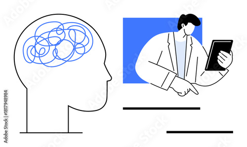 Profile of a human head with tangled lines inside illustrating mental complexity, and a professional holding a tablet providing support. Ideal for mental health, psychology, therapy, diagnosis