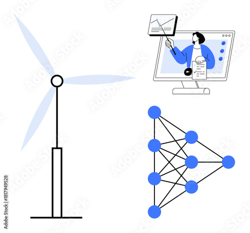 Renewable energy concept. Renewable energy, ed by a wind turbine, is paired with artificial intelligence connections and digital learning visuals. Renewable for tech, sustainability, energy sectors