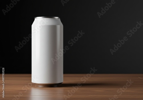 Blank white aluminum beverage can standing upright on a wooden surface against a dark background with soft studio lighting