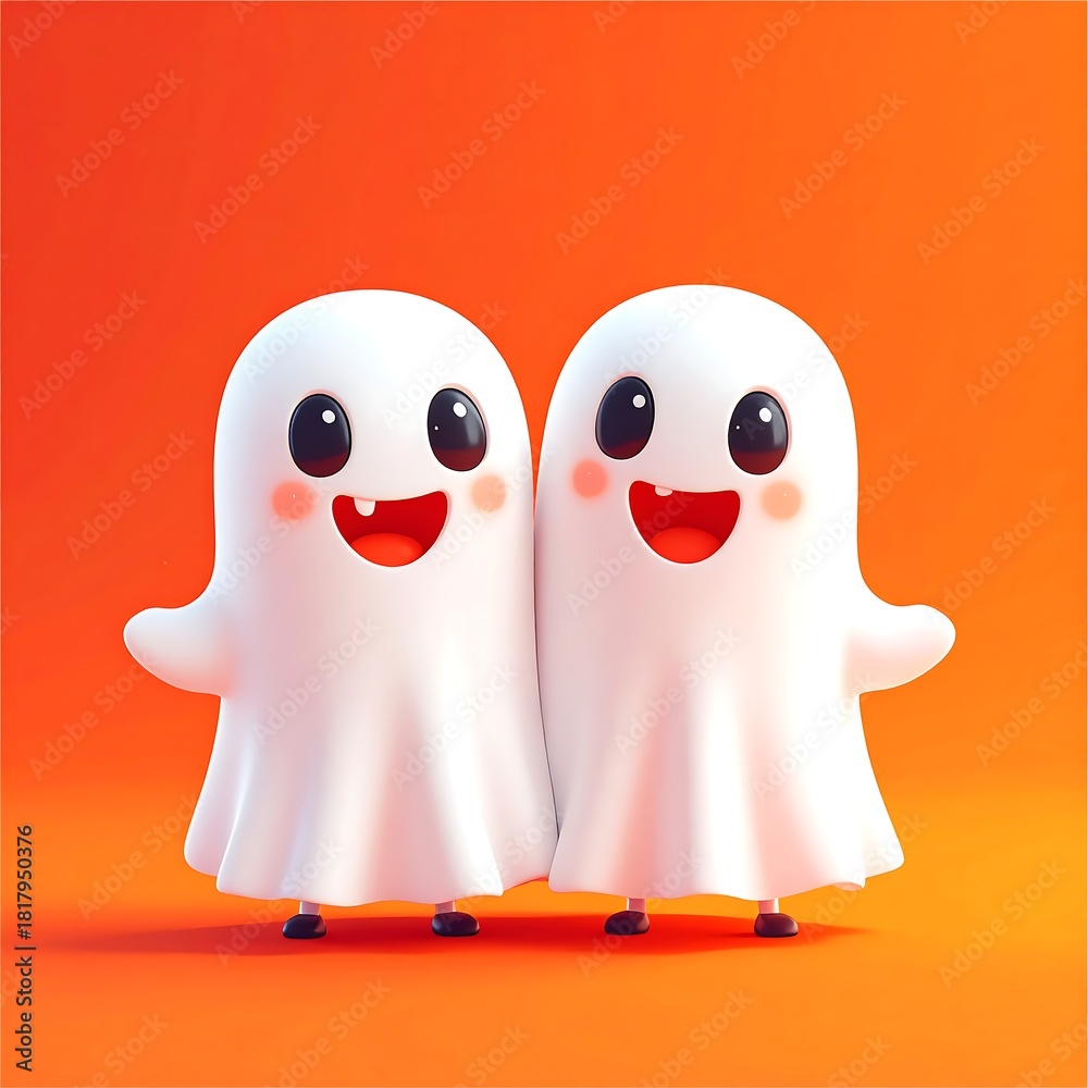 Obraz premium Adorable illustration featuring two cartoon ghosts smiling with rosy cheeks against a warm orange gradient background